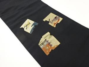 金駒刺繍破れ色紙に時代人物・鳥・几帳模様織出し名古屋帯（松葉仕立て）